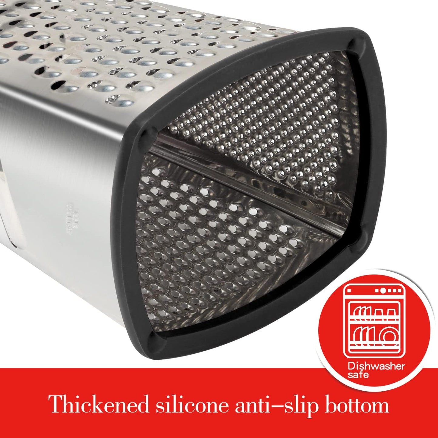 Professional Stainless Steel Box Grater with Handle - 4-Sided Vegetable Shredder and Slicer with Container for Parmesan, Cabbage, Ginger, Lemon, Chocolate, and Coconut (Black)