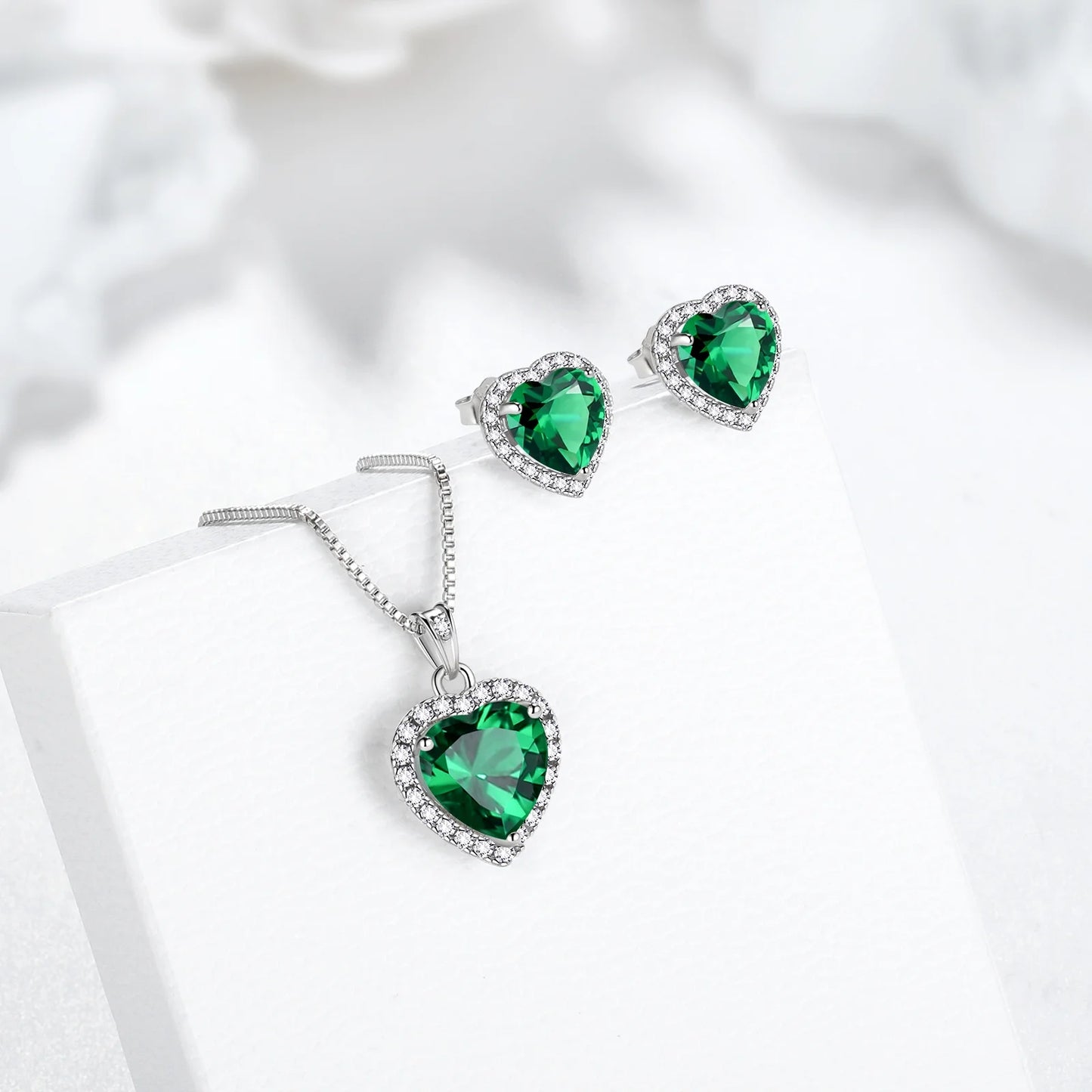 Elegant May Birthstone Jewelry Set for Women - Emerald Heart Necklace & Earrings in 925 Sterling Silver - Perfect Birthday & Mother's Day Gift