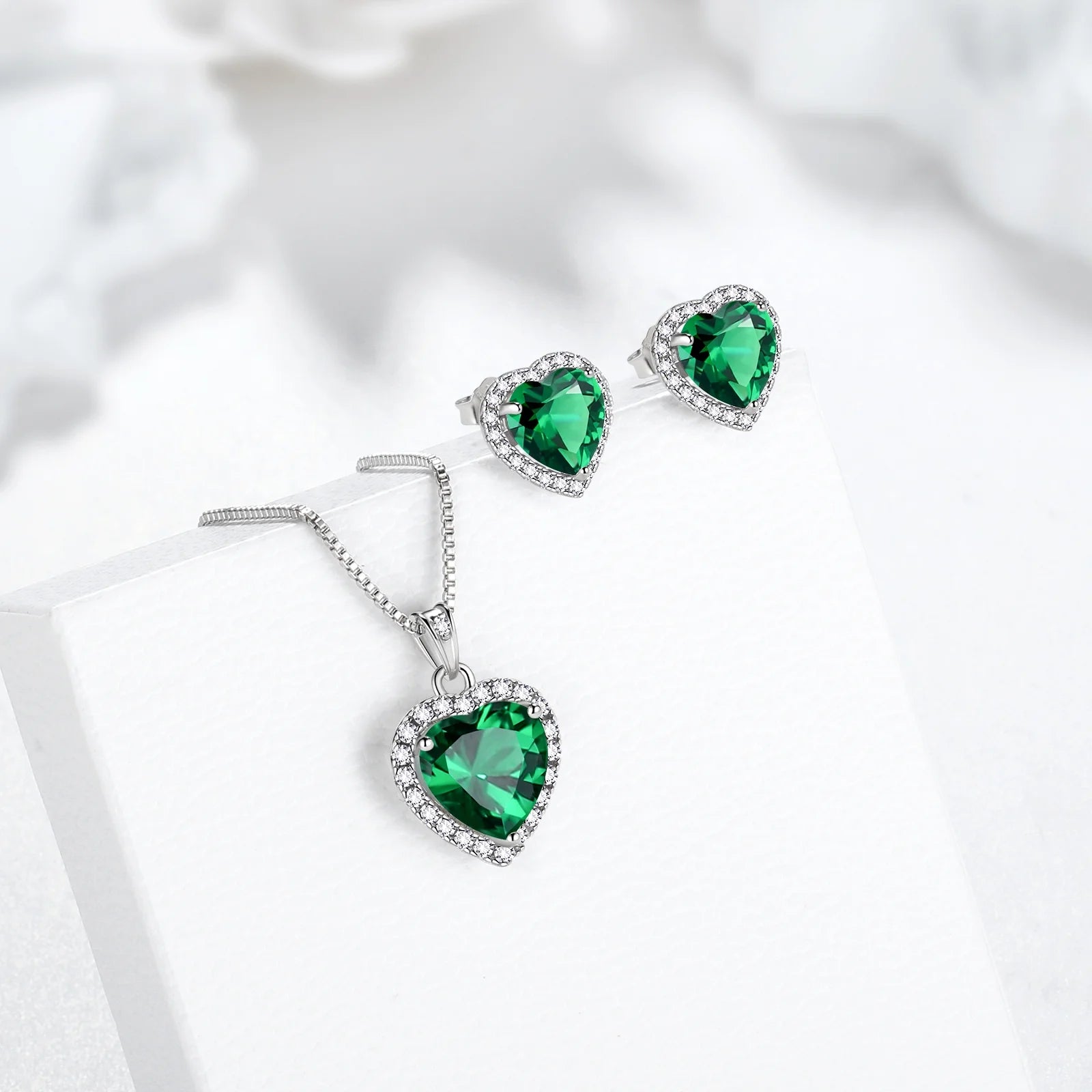 Elegant May Birthstone Jewelry Set for Women - Emerald Heart Necklace & Earrings in 925 Sterling Silver - Perfect Birthday & Mother's Day Gift