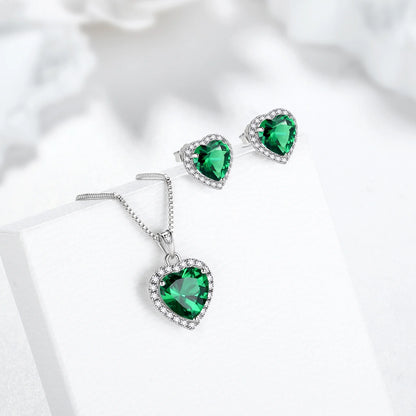 Elegant May Birthstone Jewelry Set for Women - Emerald Heart Necklace & Earrings in 925 Sterling Silver - Perfect Birthday & Mother's Day Gift
