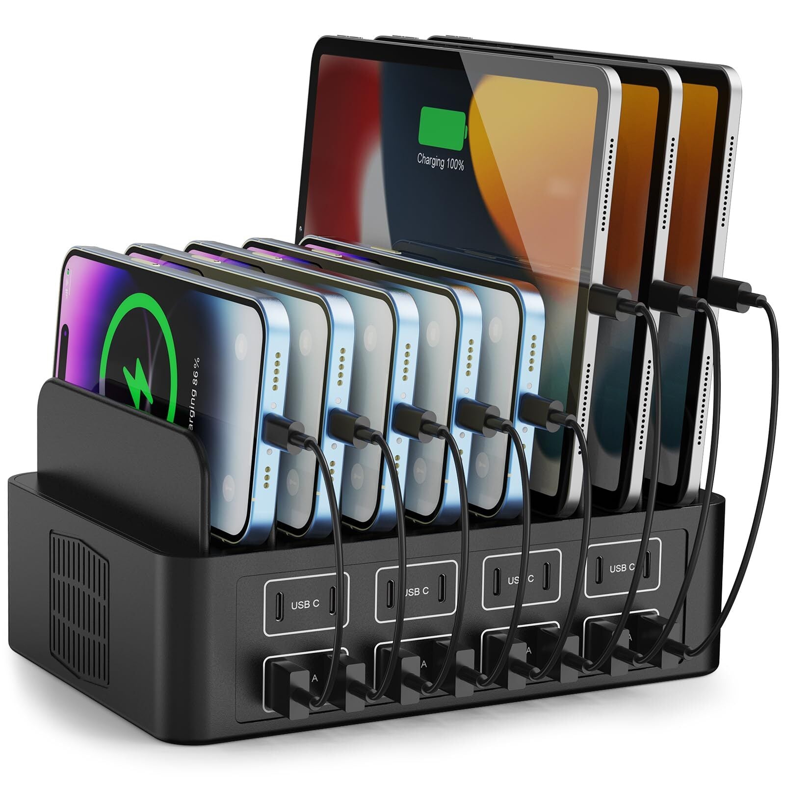 150W/35A Charging Station for Multiple Devices, 16 Port USB C Fast Charging S...