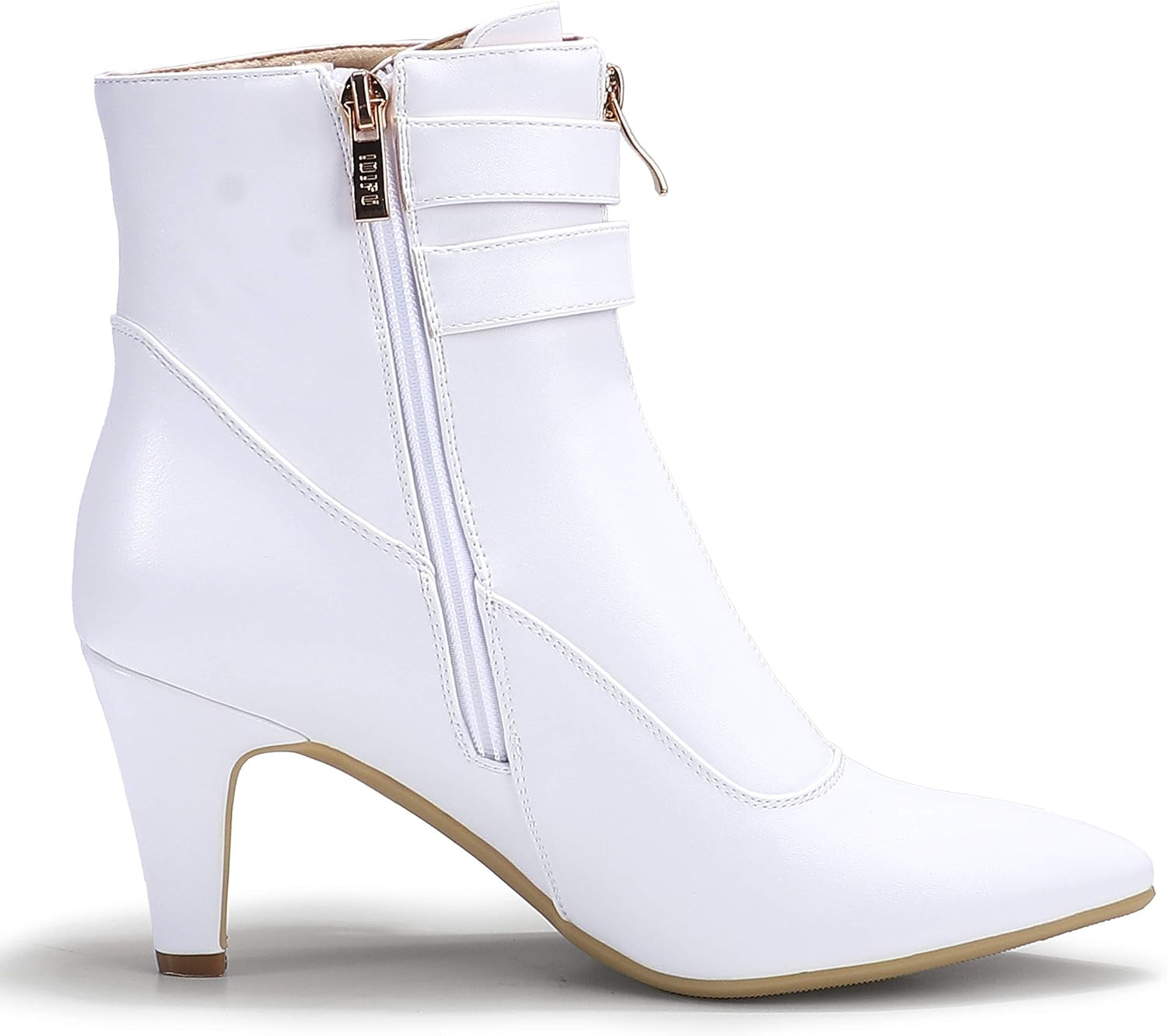 Women's Classic Short Ankle Booties with Pointed Toe, Metal Buckle, and Side Zipper in Kitten Heel Design