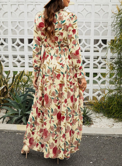 Elegant Floral Maxi Dress for Women - Deep V Neck Long Sleeve Evening & Cocktail Dress, Sizes US 12-14 (L)