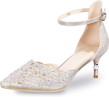 Women's Candice Wedding Pumps with Rhinestones and Sequins - Low Kitten Heels Evening Shoes for Brides