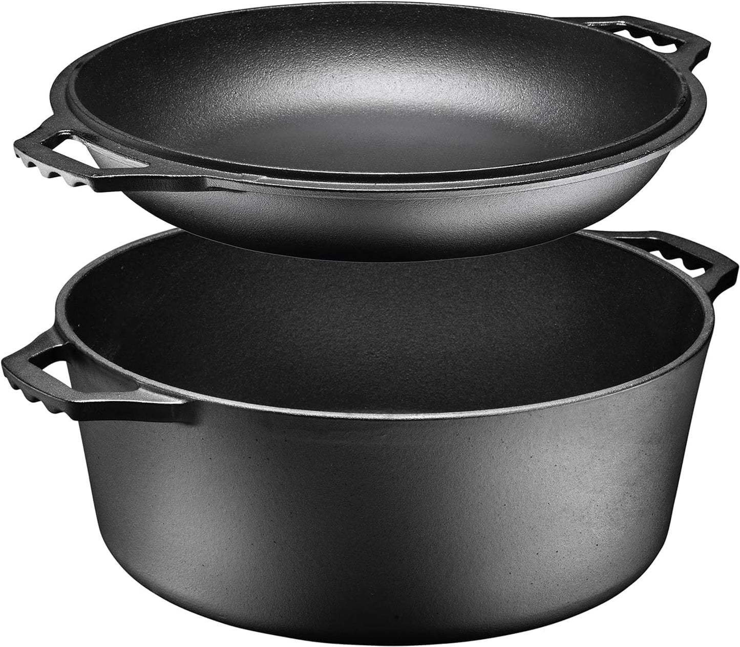 Pre-Seasoned 7-Quart Cast Iron Double Dutch Oven with Skillet Lid - Versatile Heavy-Duty Casserole and Braising Pan - Oven Safe Black Cookware - Dimensions: 14.7 x 6.9 Inches