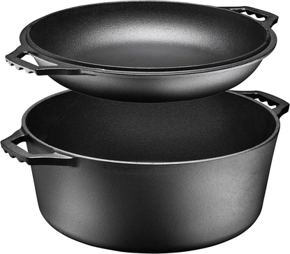 Pre-Seasoned 7-Quart Cast Iron Double Dutch Oven with Skillet Lid - Versatile Heavy-Duty Casserole and Braising Pan - Oven Safe Black Cookware - Dimensions: 14.7 x 6.9 Inches