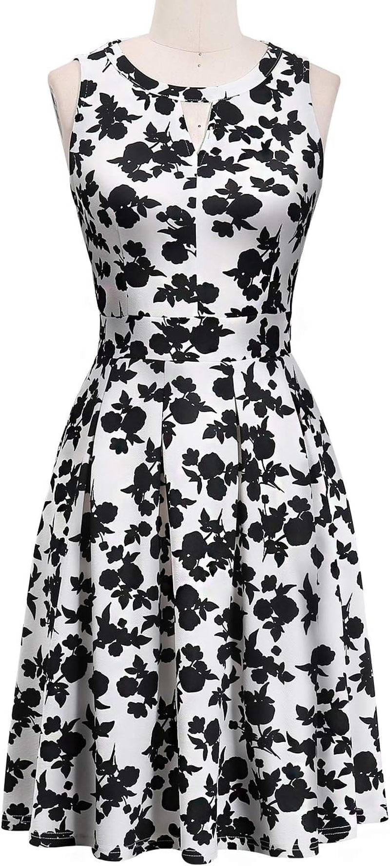 Summer Dresses for Women with Pockets Elegant Retro 50S Pleated V Keyhole Sleeveless Holiday Party Dance Wedding Guest Dress (S, Sp81-White Black Flo)