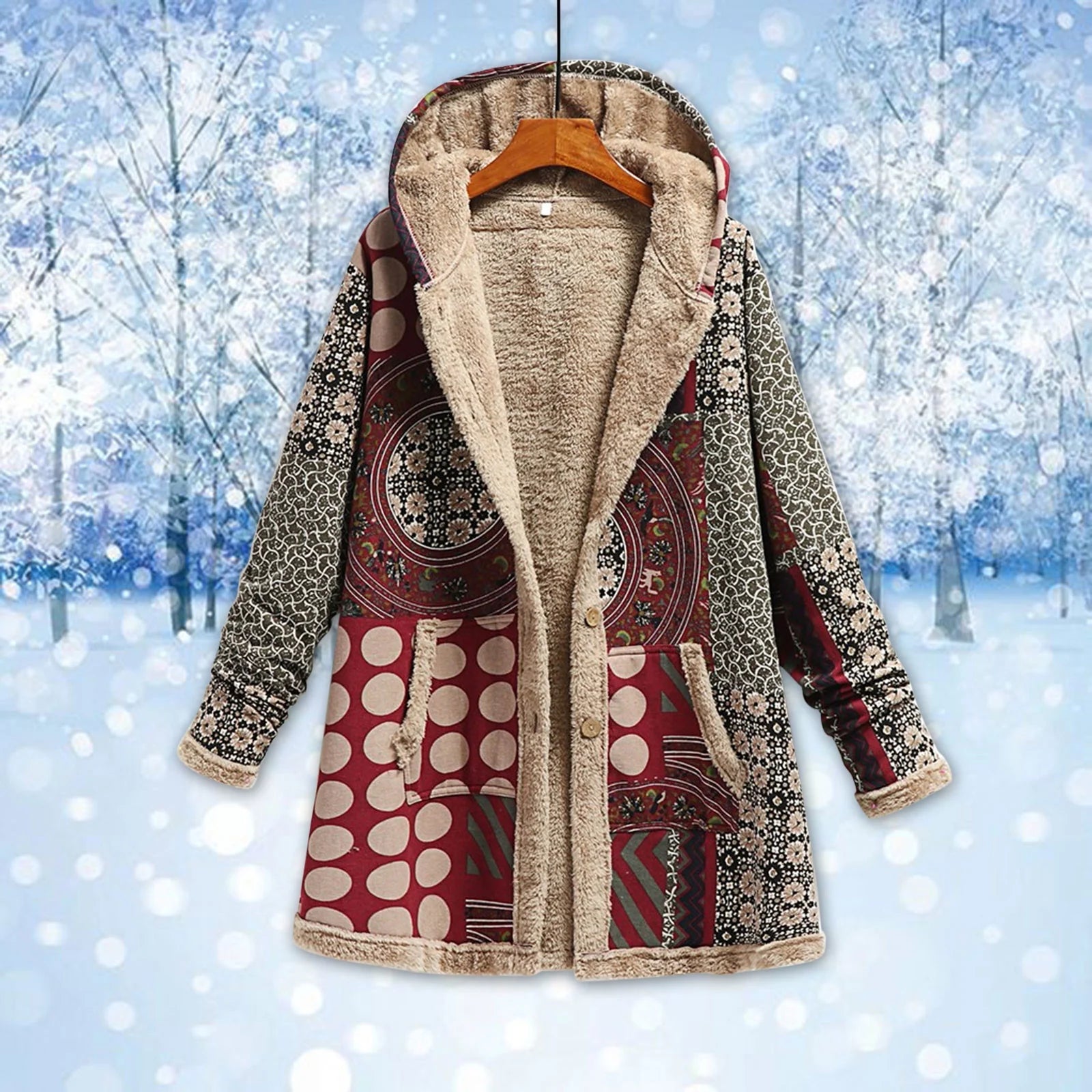 Cozy Vintage Ethnic Printed Fleece Jacket for Women - Warm Hooded Outwear with Pockets & Buttons in Wine - Plus Size XXXL