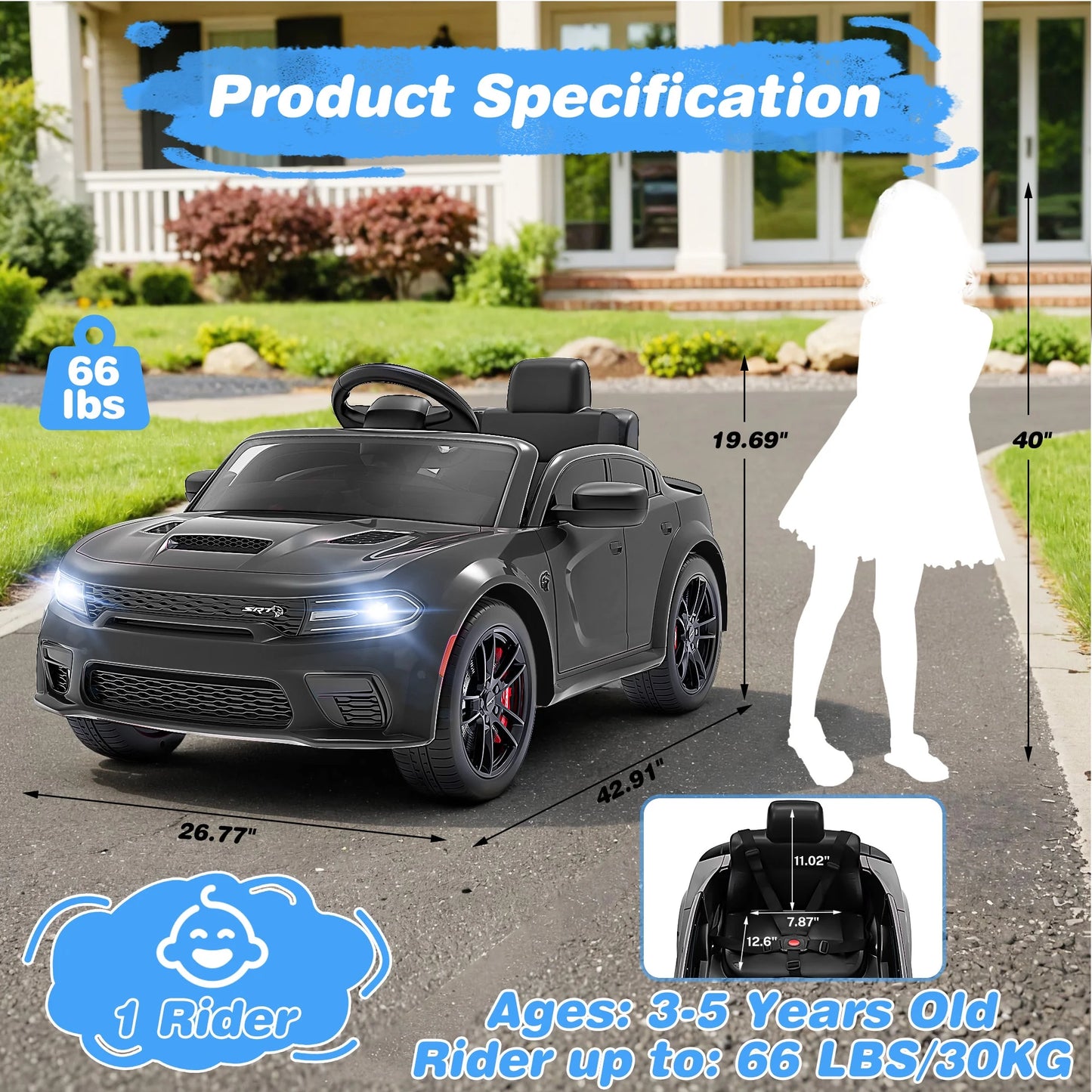 Dodge Charger SRT Hellcat 12V Electric Ride-On Car for Kids - Remote Control, Music Player, LED Lights, Safety Belt - Perfect for Boys Ages 3-5 - Black