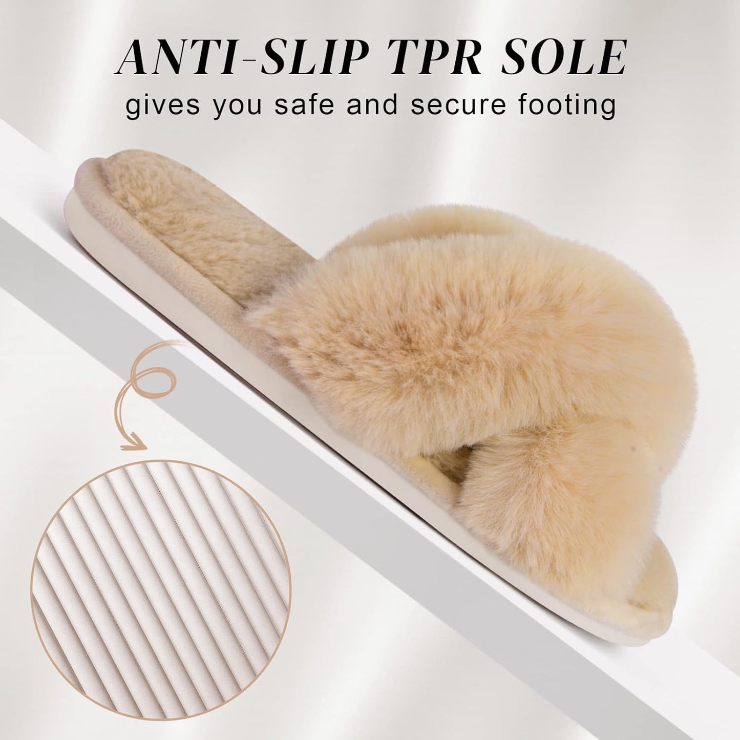 Women's Fuzzy Cross Band Slippers with Memory Foam - Comfortable Open Toe Indoor Footwear for Ladies