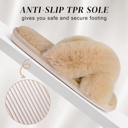 Women's Fuzzy Cross Band Slippers with Memory Foam - Comfortable Open Toe Indoor Footwear for Ladies