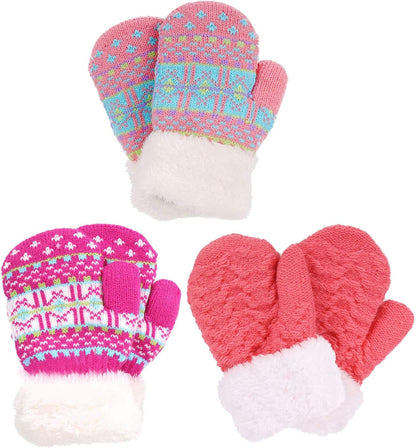 Kids' Sherpa-Lined Knit Mittens - Set of 3 Pairs for Boys and Girls Winter Gloves