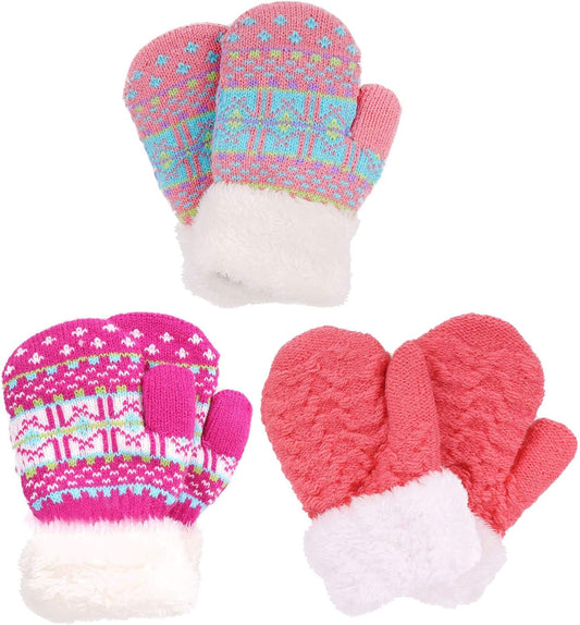 Kids' Sherpa-Lined Knit Mittens - Set of 3 Pairs for Boys and Girls Winter Gloves