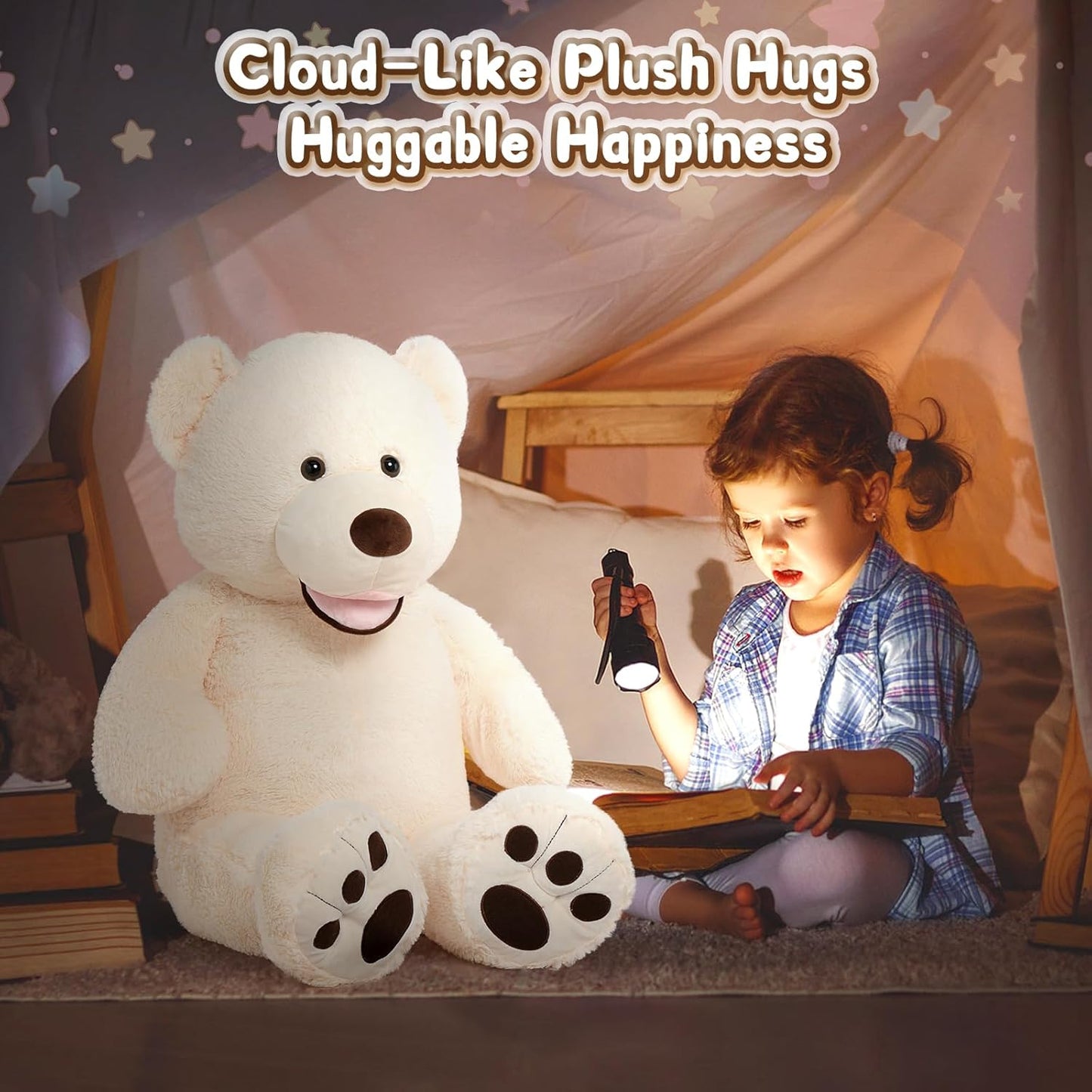 39-Inch Giant Teddy Bear - Plush Stuffed Animal with Large Footprints, Ideal Gift for Kids, Beige