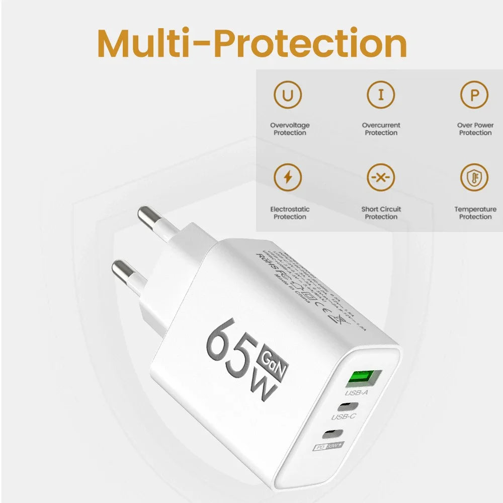 65W GaN Fast Charger - Multi-Port USB PD Type-C Adapter for iPhone 15 Pro Max, Samsung, Xiaomi, and Huawei