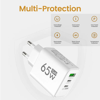 65W GaN Fast Charger - Multi-Port USB PD Type-C Adapter for iPhone 15 Pro Max, Samsung, Xiaomi, and Huawei