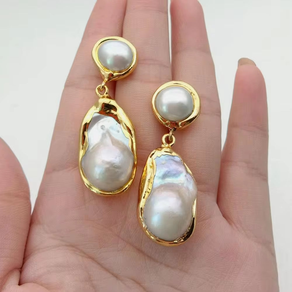 Luxury White Keshi Pearl & Gold Plated Stud Earrings - Nucleated Flameball Baroque Design for Elegant Weddings