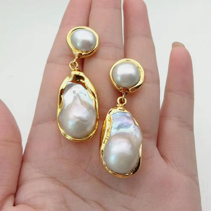 Luxury White Keshi Pearl & Gold Plated Stud Earrings - Nucleated Flameball Baroque Design for Elegant Weddings