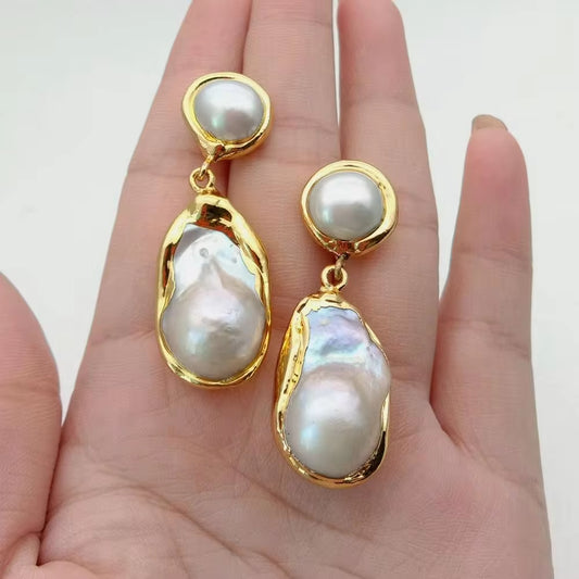 Luxury White Keshi Pearl & Gold Plated Stud Earrings - Nucleated Flameball Baroque Design for Elegant Weddings