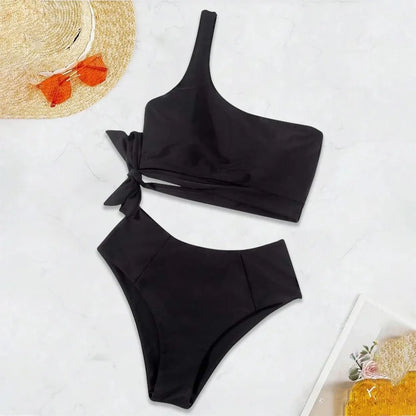 Stylish  One Shoulder High Waisted Bikini Set - Trendy Tie High Cut Swimsuit for Women