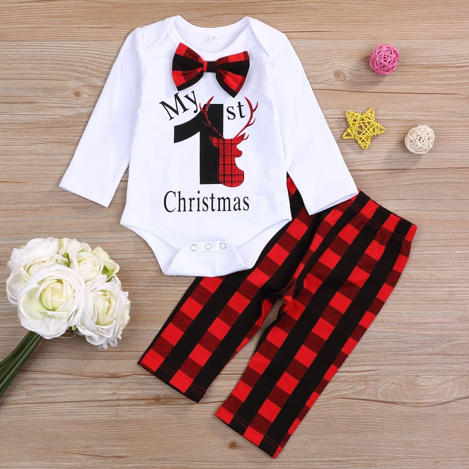 My First Christmas Outfit Baby Boy Bow Tie Romper Bodysuit Xmas Plaid Pants Clothes Set (Plaid, 3-6 Months)