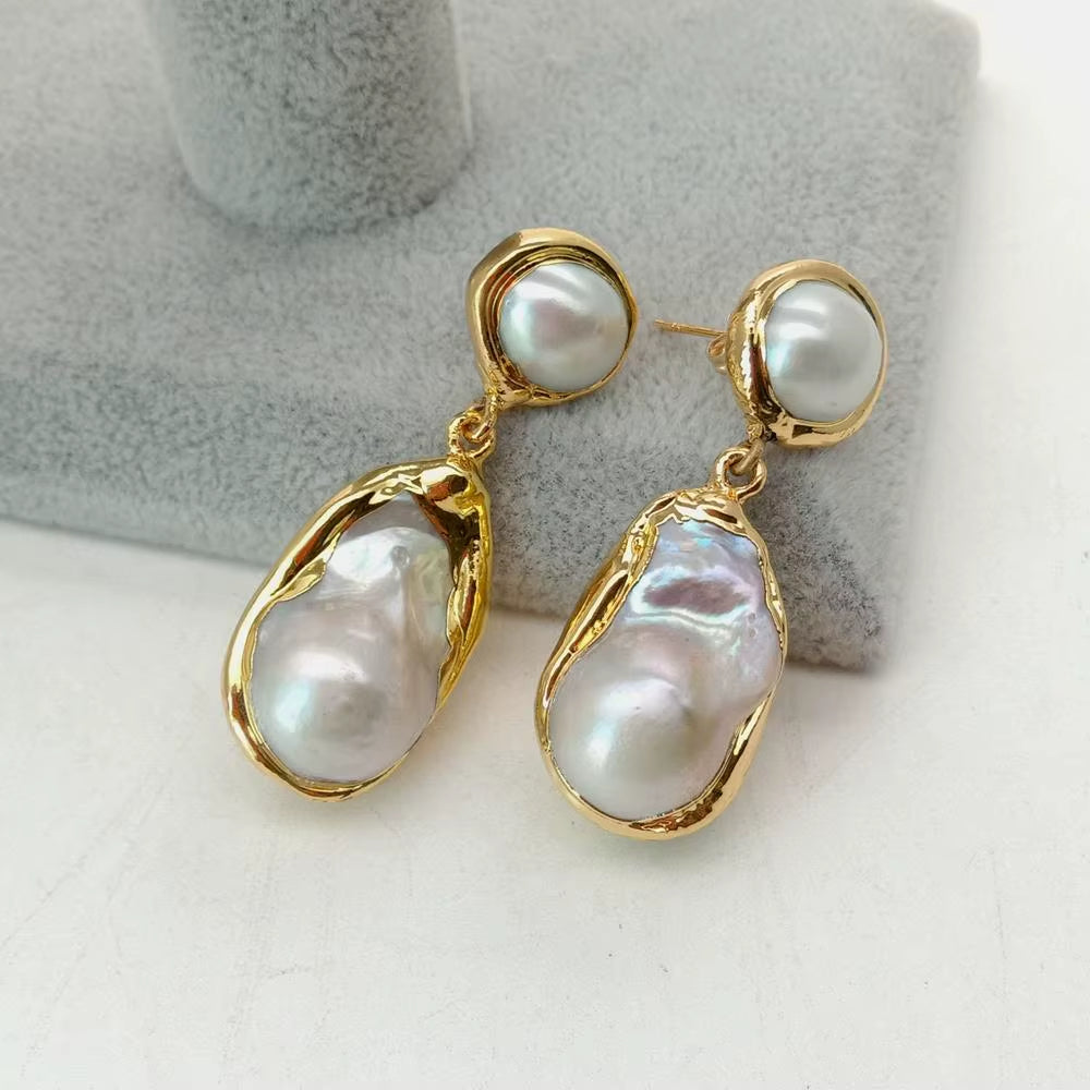 Luxury White Keshi Pearl & Gold Plated Stud Earrings - Nucleated Flameball Baroque Design for Elegant Weddings