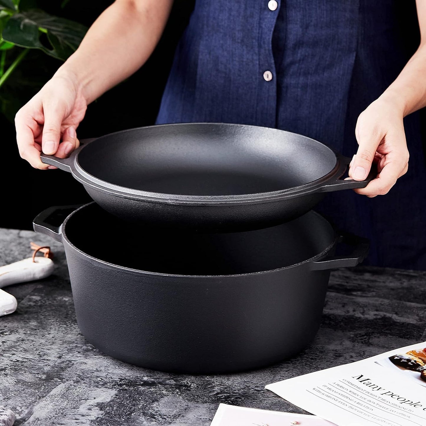 Pre-Seasoned 7-Quart Cast Iron Double Dutch Oven with Skillet Lid - Versatile Heavy-Duty Casserole and Braising Pan - Oven Safe Black Cookware - Dimensions: 14.7 x 6.9 Inches