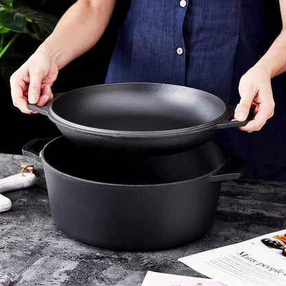 Pre-Seasoned 7-Quart Cast Iron Double Dutch Oven with Skillet Lid - Versatile Heavy-Duty Casserole and Braising Pan - Oven Safe Black Cookware - Dimensions: 14.7 x 6.9 Inches