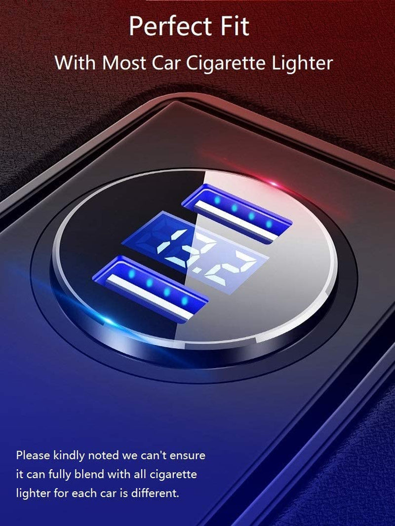 Dual USB Car Charger with 12V/24V Voltage Meter, 4.8A Output, Cigarette Lighter Plug Adapter for iPhone, iPad, Samsung, and Other USB Charging Devices, Silver