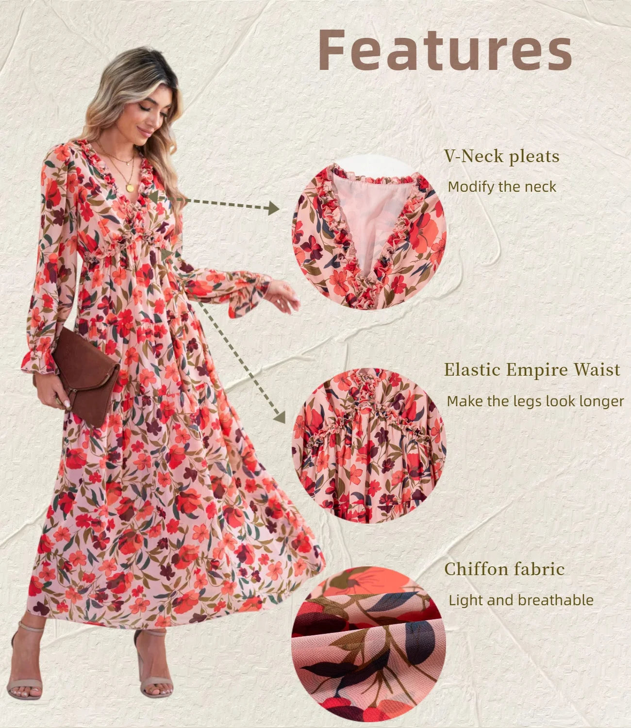 Elegant Floral Maxi Dress for Women - Deep V Neck Long Sleeve Evening & Cocktail Dress, Sizes US 12-14 (L)