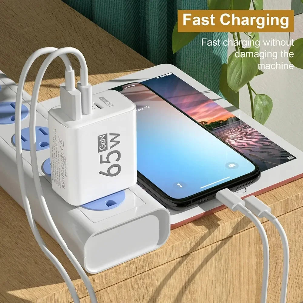 65W GaN Fast Charger - Multi-Port USB PD Type-C Adapter for iPhone 15 Pro Max, Samsung, Xiaomi, and Huawei